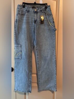 Y2K-style Baby Phat Light Blue Wide Leg Jeans with Chain Detail